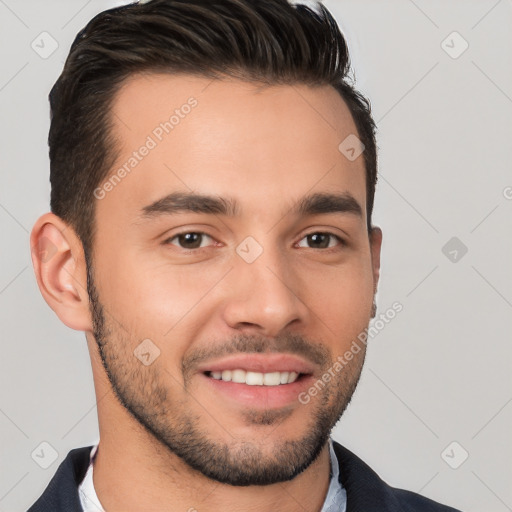 Joyful white young-adult male with short  brown hair and brown eyes