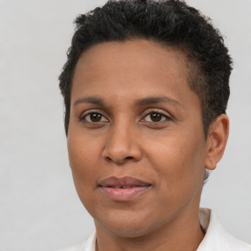 Joyful black adult female with short  brown hair and brown eyes