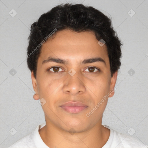 Neutral latino young-adult male with short  brown hair and brown eyes