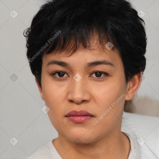 Neutral asian young-adult female with short  brown hair and brown eyes