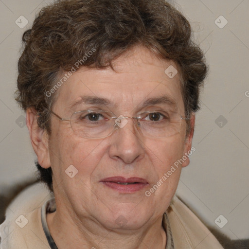 Joyful white middle-aged female with short  brown hair and brown eyes