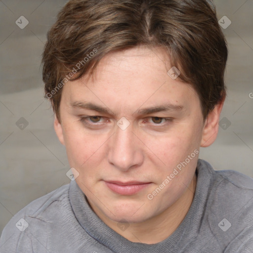 Joyful white adult female with short  brown hair and grey eyes