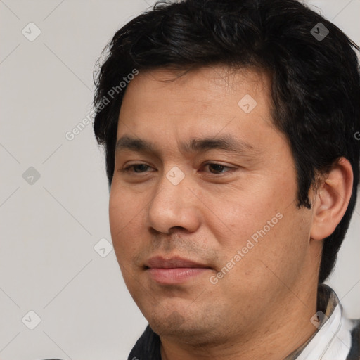 Neutral asian adult male with short  black hair and brown eyes