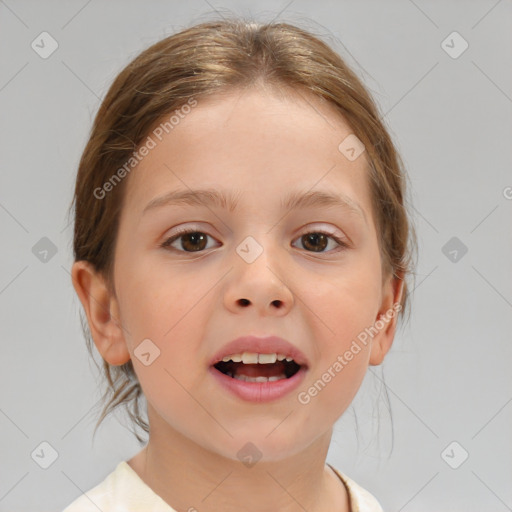 Joyful white child female with medium  brown hair and brown eyes