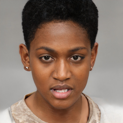 Neutral black young-adult female with short  black hair and brown eyes