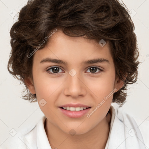 Joyful white child female with medium  brown hair and brown eyes