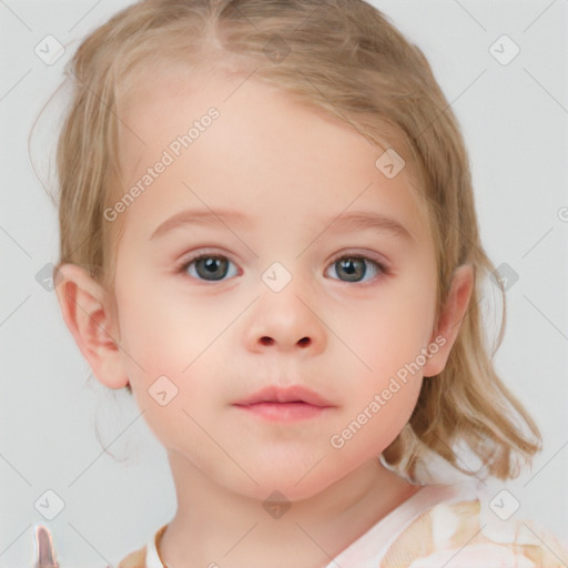 Neutral white child female with medium  brown hair and blue eyes