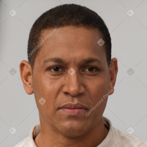 Neutral latino adult male with short  brown hair and brown eyes