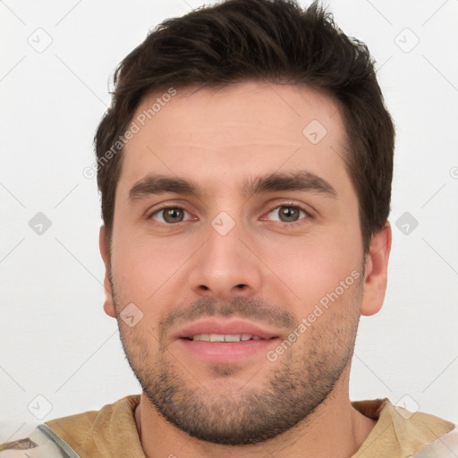 Neutral white young-adult male with short  brown hair and brown eyes