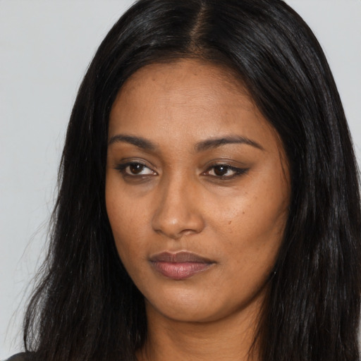 Neutral asian young-adult female with long  black hair and brown eyes
