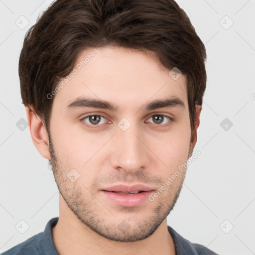 Neutral white young-adult male with short  brown hair and brown eyes