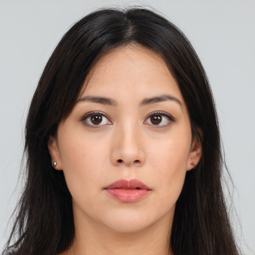 Neutral asian young-adult female with long  brown hair and brown eyes