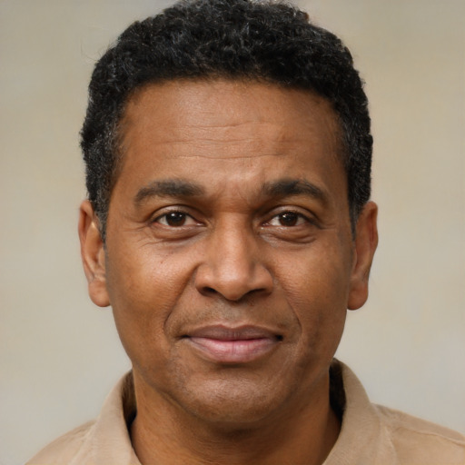 Joyful latino adult male with short  black hair and brown eyes