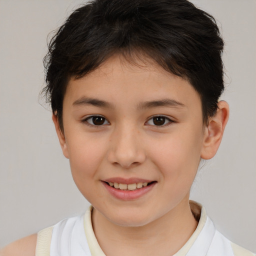 Joyful white child female with short  brown hair and brown eyes