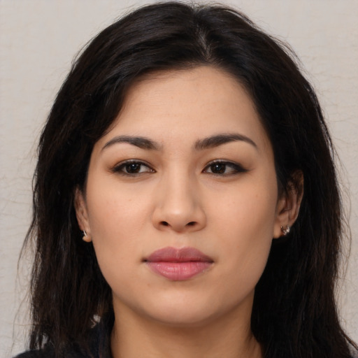 Neutral asian young-adult female with long  brown hair and brown eyes