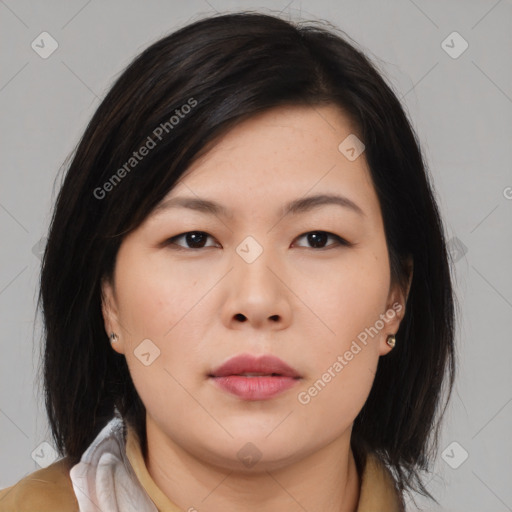 Neutral asian young-adult female with medium  black hair and brown eyes