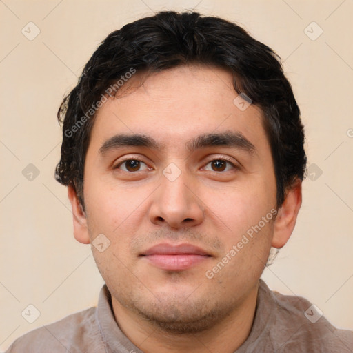 Neutral white young-adult male with short  black hair and brown eyes