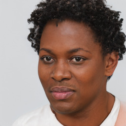 Neutral black young-adult female with short  black hair and brown eyes