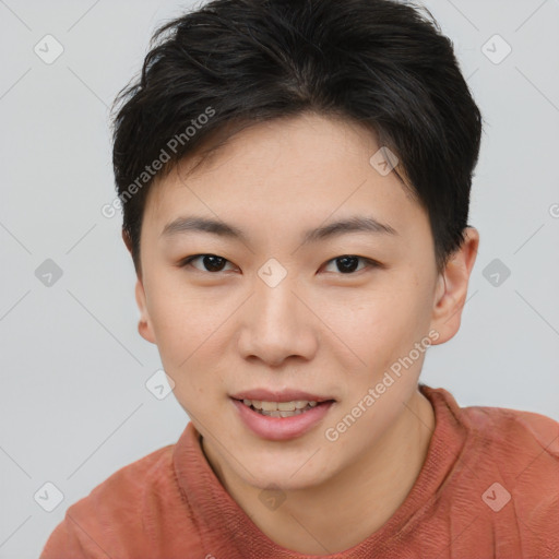 Joyful asian young-adult female with short  brown hair and brown eyes
