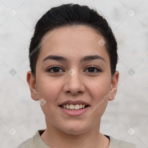 Joyful white young-adult female with short  brown hair and brown eyes