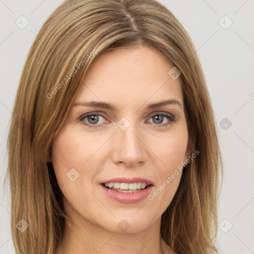 Joyful white young-adult female with long  brown hair and green eyes