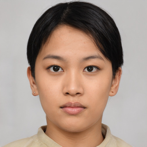 Neutral asian young-adult female with short  black hair and brown eyes