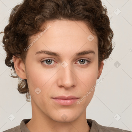 Neutral white young-adult female with short  brown hair and brown eyes