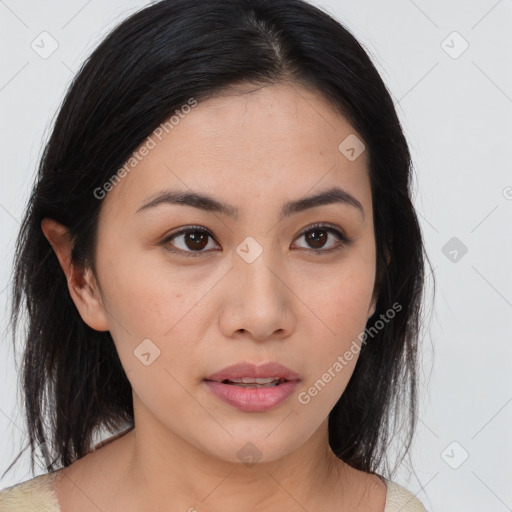 Neutral asian young-adult female with medium  brown hair and brown eyes