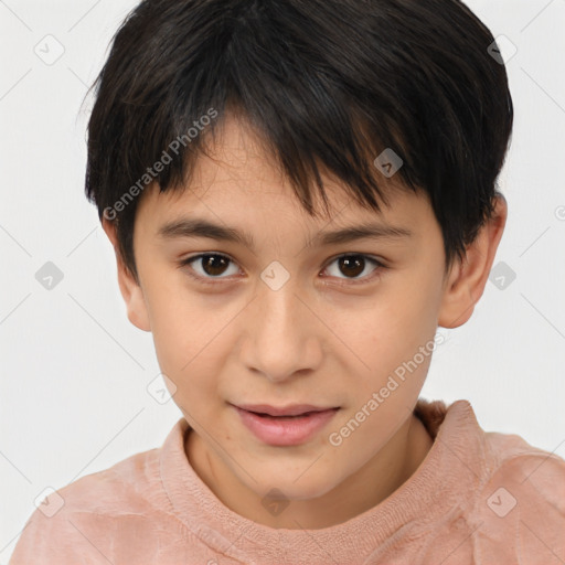 Joyful white child female with short  brown hair and brown eyes