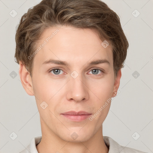 Neutral white young-adult male with short  brown hair and grey eyes