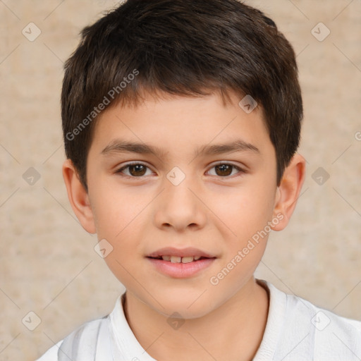 Joyful white child male with short  brown hair and brown eyes