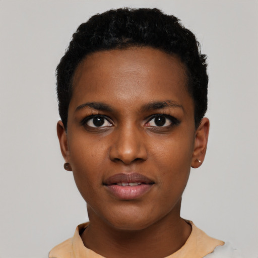 Neutral black young-adult female with short  black hair and brown eyes