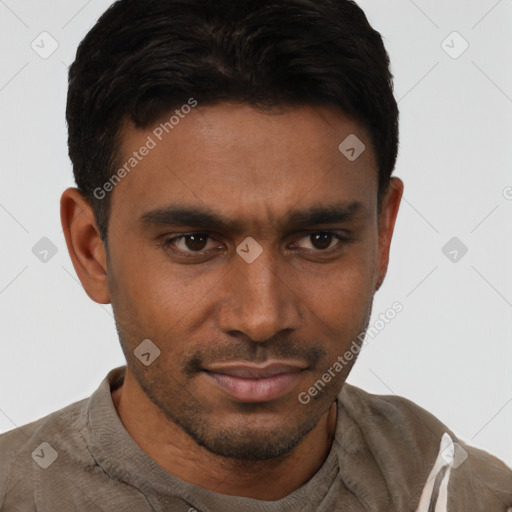Neutral latino young-adult male with short  black hair and brown eyes