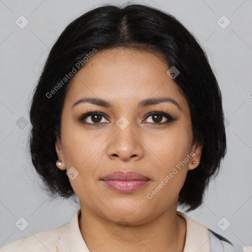 Joyful latino young-adult female with medium  brown hair and brown eyes