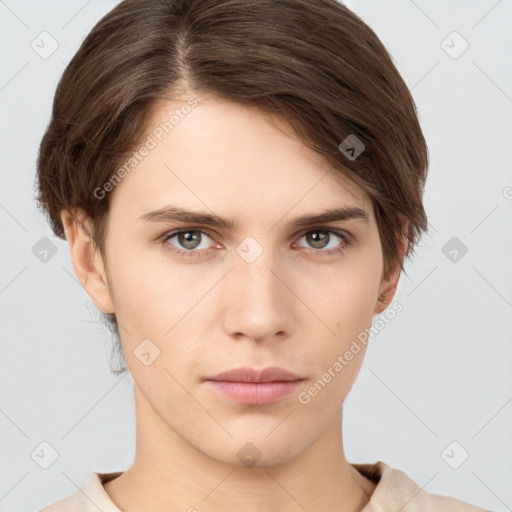 Neutral white young-adult female with short  brown hair and brown eyes