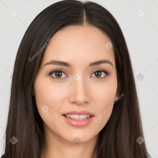 Neutral white young-adult female with long  brown hair and brown eyes