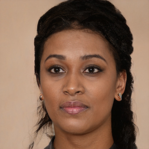 Neutral black young-adult female with long  black hair and brown eyes