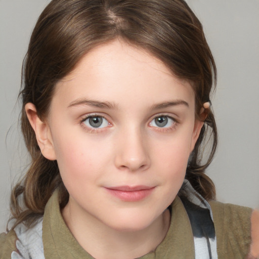 Joyful white child female with medium  brown hair and brown eyes