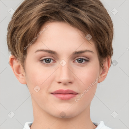 Joyful white young-adult female with short  brown hair and grey eyes