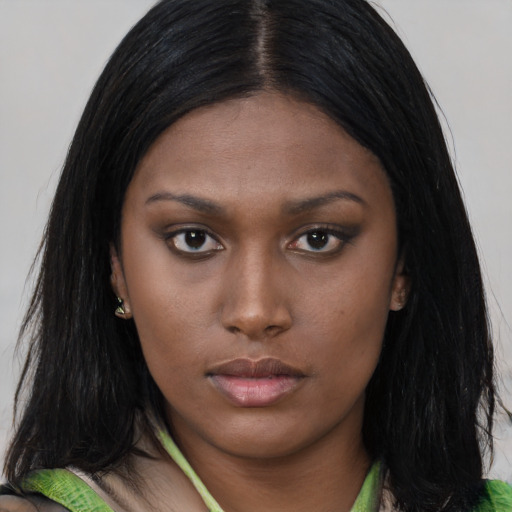 Neutral asian young-adult female with long  brown hair and brown eyes