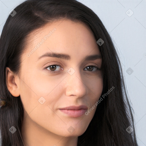 Neutral white young-adult female with long  brown hair and brown eyes