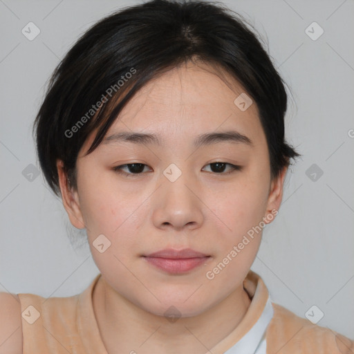 Neutral white young-adult female with medium  brown hair and brown eyes