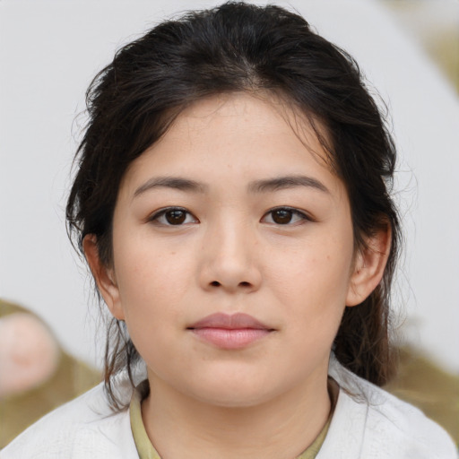Neutral asian young-adult female with medium  brown hair and brown eyes
