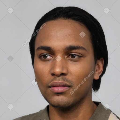 Neutral black young-adult male with short  black hair and brown eyes