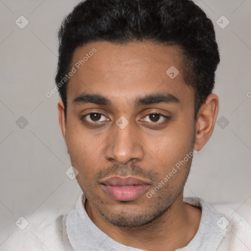 Neutral latino young-adult male with short  black hair and brown eyes