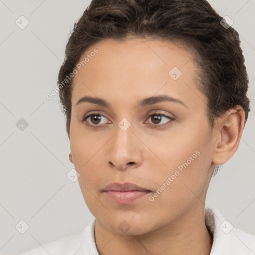 Neutral white young-adult female with short  brown hair and brown eyes