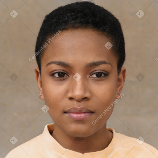 Neutral black young-adult female with short  black hair and brown eyes