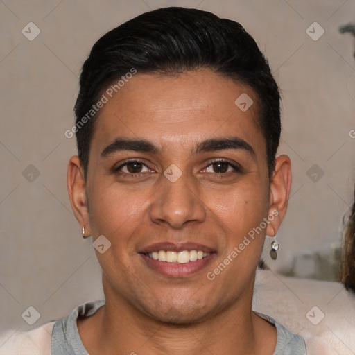 Joyful white young-adult male with short  brown hair and brown eyes