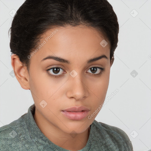 Neutral white young-adult female with short  brown hair and brown eyes