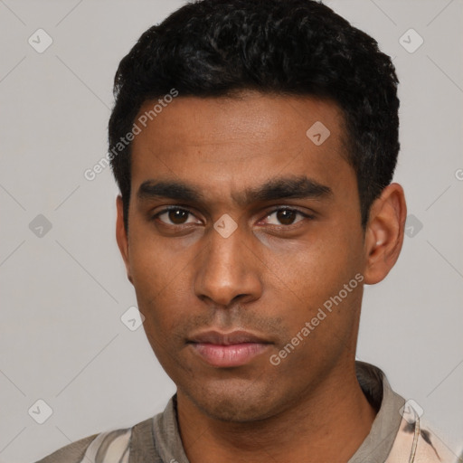 Neutral latino young-adult male with short  black hair and brown eyes
